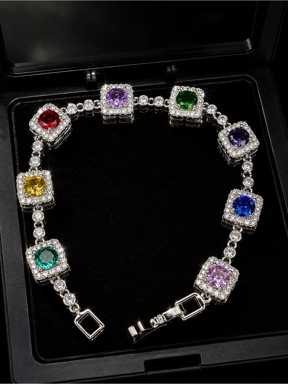 Multi-Color Square Halo Gemstone Bracelet